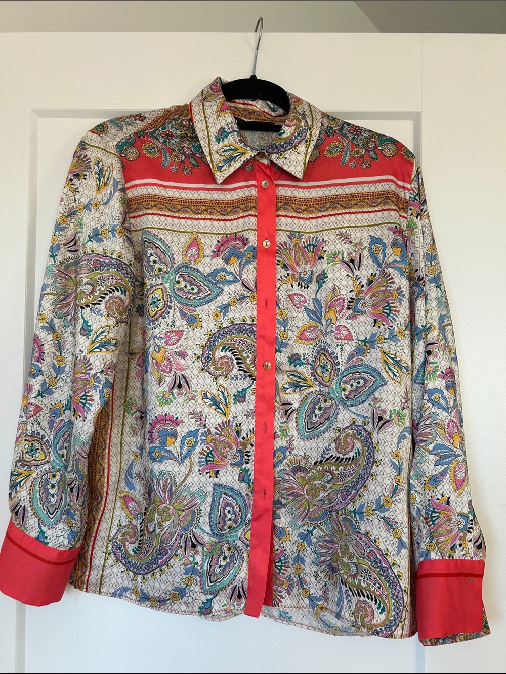 Zara Floral Paisley Button-Up Blouse with Coral Trim
